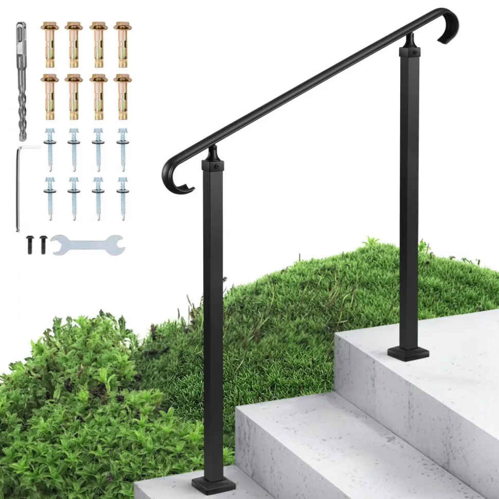VEVOR Handrails for Outdoor Steps, 2-3 Step Adjustable Height, Carbon Steel Transitional Handrail with Installation Kit, Exterior Hand Railing for Steps, Concrete or Wooden Stairs, Porch, Matte Black