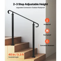 VEVOR Handrails for Outdoor Steps, 2-3 Step Adjustable Height, Carbon Steel Transitional Handrail with Installation Kit, Exterior Hand Railing for Steps, Concrete or Wooden Stairs, Porch, Matte Black