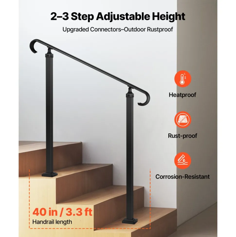 VEVOR Handrails for Outdoor Steps, 2-3 Step Adjustable Height, Carbon Steel Transitional Handrail with Installation Kit, Exterior Hand Railing for Steps, Concrete or Wooden Stairs, Porch, Matte Black