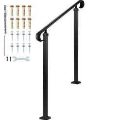 VEVOR Handrails for Outdoor Steps, 2-3 Step Adjustable Height, Carbon Steel Transitional Handrail with Installation Kit, Exterior Hand Railing for Steps, Concrete or Wooden Stairs, Porch, Matte Black
