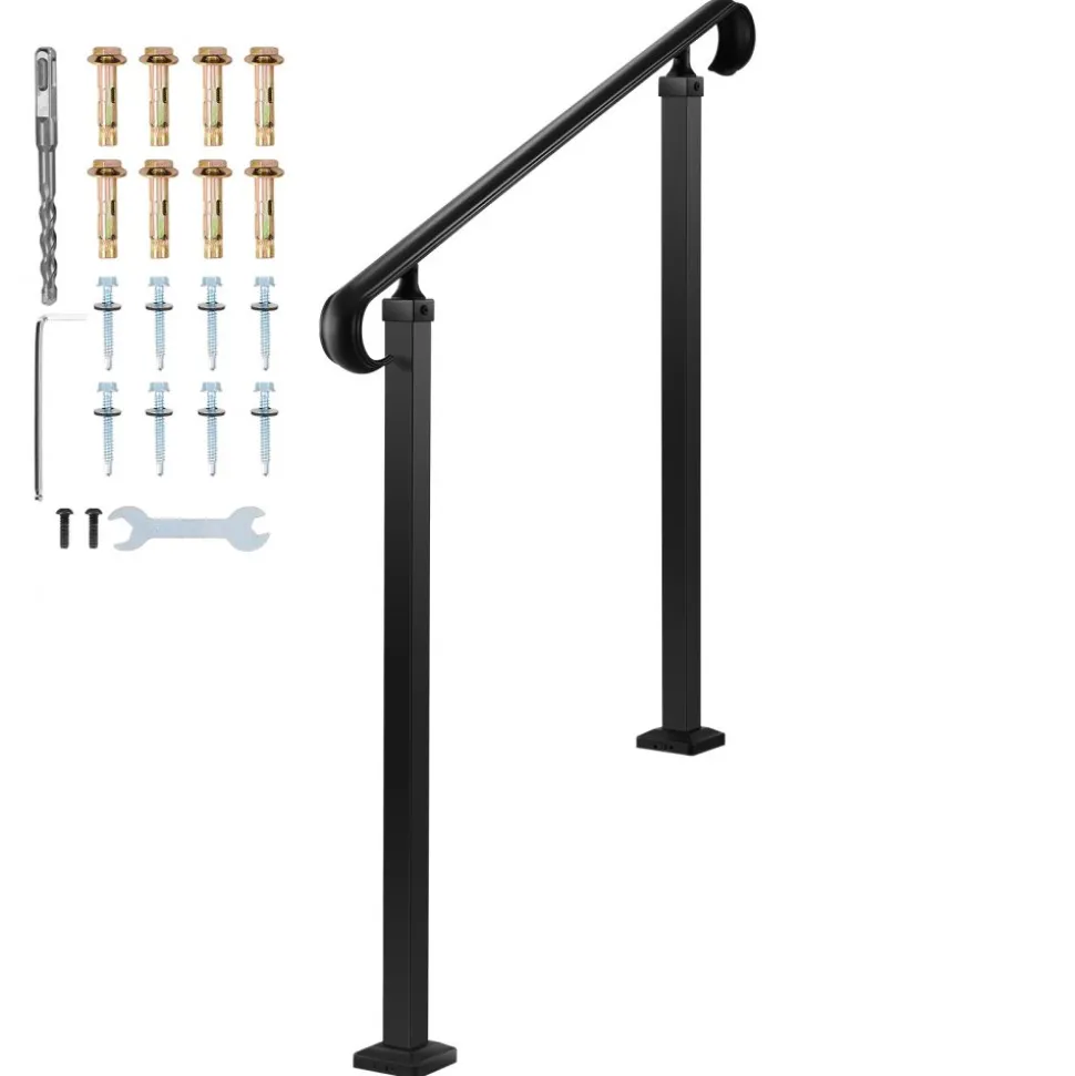 VEVOR Handrails for Outdoor Steps, 2-3 Step Adjustable Height, Carbon Steel Transitional Handrail with Installation Kit, Exterior Hand Railing for Steps, Concrete or Wooden Stairs, Porch, Matte Black