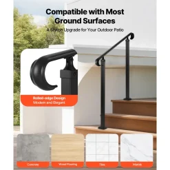 VEVOR Handrails for Outdoor Steps, 2-3 Step Adjustable Height, Carbon Steel Transitional Handrail with Installation Kit, Exterior Hand Railing for Steps, Concrete or Wooden Stairs, Porch, Matte Black
