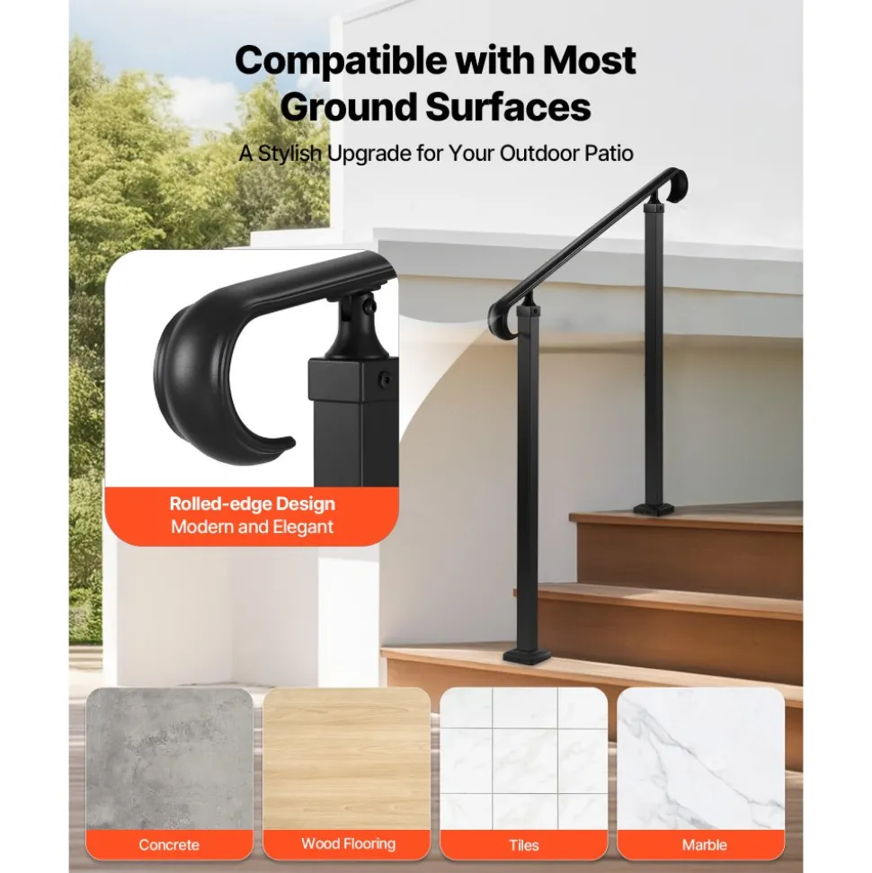 VEVOR Handrails for Outdoor Steps, 2-3 Step Adjustable Height, Carbon Steel Transitional Handrail with Installation Kit, Exterior Hand Railing for Steps, Concrete or Wooden Stairs, Porch, Matte Black