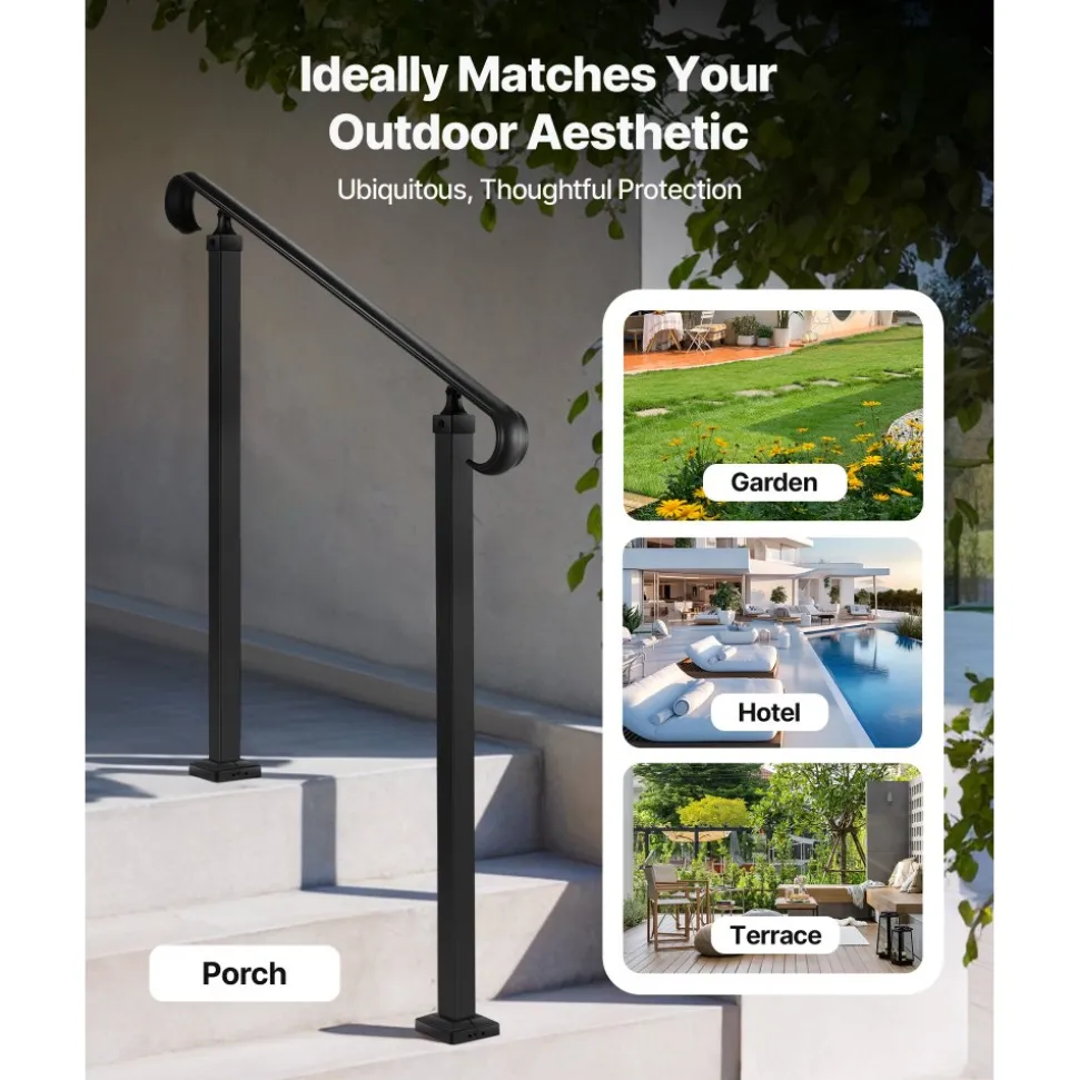 VEVOR Handrails for Outdoor Steps, 2-3 Step Adjustable Height, Carbon Steel Transitional Handrail with Installation Kit, Exterior Hand Railing for Steps, Concrete or Wooden Stairs, Porch, Matte Black