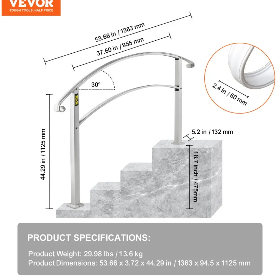 VEVOR Handrails for Outdoor Steps, Fit 1 or 4 Steps Outdoor Stair Railing, White Wrought Iron Handrail, Flexible Front Porch Hand Rail, Transitional Handrails for Concrete Steps or Wooden Stairs