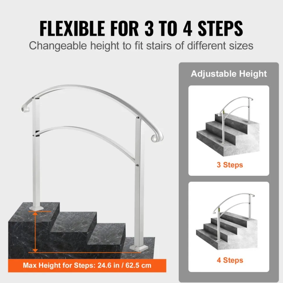 VEVOR Handrails for Outdoor Steps, Fit 1 or 4 Steps Outdoor Stair Railing, White Wrought Iron Handrail, Flexible Front Porch Hand Rail, Transitional Handrails for Concrete Steps or Wooden Stairs