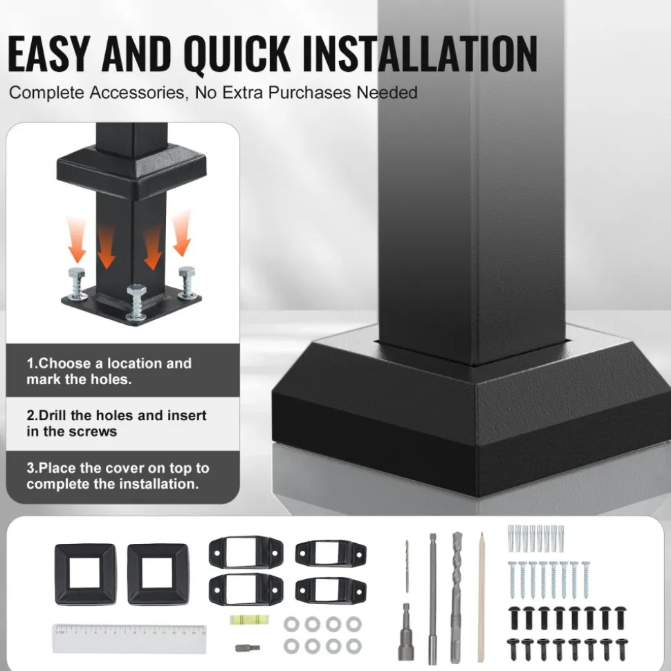 VEVOR Handrails for Outdoor Steps, 1-2 Step Stair Hand Rail Kit, Transitional Carbon Steel Railings with Installation Kit, Stair Rails for Seniors, Concrete Steps & Porch & Deck, Black Square Tube