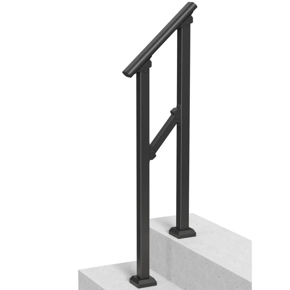 VEVOR Handrails for Outdoor Steps, 1-2 Step Stair Hand Rail Kit, Transitional Carbon Steel Railings with Installation Kit, Stair Rails for Seniors, Concrete Steps & Porch & Deck, Black Square Tube