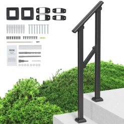 VEVOR Handrails for Outdoor Steps, 1-2 Step Stair Hand Rail Kit, Transitional Carbon Steel Railings with Installation Kit, Stair Rails for Seniors, Concrete Steps & Porch & Deck, Black Square Tube