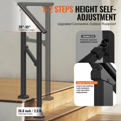 VEVOR Handrails for Outdoor Steps, 1-2 Step Stair Hand Rail Kit, Transitional Carbon Steel Railings with Installation Kit, Stair Rails for Seniors, Concrete Steps & Porch & Deck, Black Square Tube