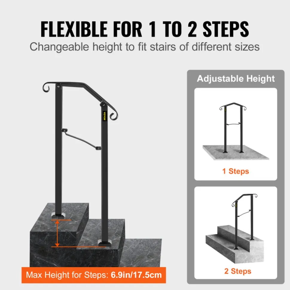 VEVOR Handrails for Outdoor Steps, 2-3 Step Stair Hand Rail Kit, Transitional Carbon Steel Railings with Installation Kit, Stair Rails for Seniors, Concrete Steps & Porch & Deck, Black Square Tube
