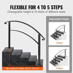 VEVOR Handrails for Outdoor Steps, Fit 1 or 5 Steps Outdoor Stair Railing, Black Wrought Iron Handrail, Flexible Front Porch Hand Rail, Transitional Handrails for Concrete Steps or Wooden Stairs