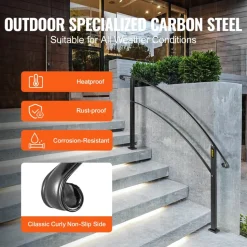 VEVOR Handrails for Outdoor Steps, Fit 1 or 5 Steps Outdoor Stair Railing, Black Wrought Iron Handrail, Flexible Front Porch Hand Rail, Transitional Handrails for Concrete Steps or Wooden Stairs