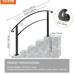 VEVOR Handrails for Outdoor Steps, Fit 1 or 5 Steps Outdoor Stair Railing, Black Wrought Iron Handrail, Flexible Front Porch Hand Rail, Transitional Handrails for Concrete Steps or Wooden Stairs