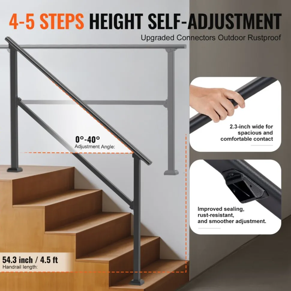 VEVOR Handrails for Outdoor Steps, 4-5 Step Stair Hand Rail Kit, Transitional Carbon Steel Railings with Installation Kit, Stair Rails for Seniors, Concrete Steps & Porch & Deck, Black Square Tube