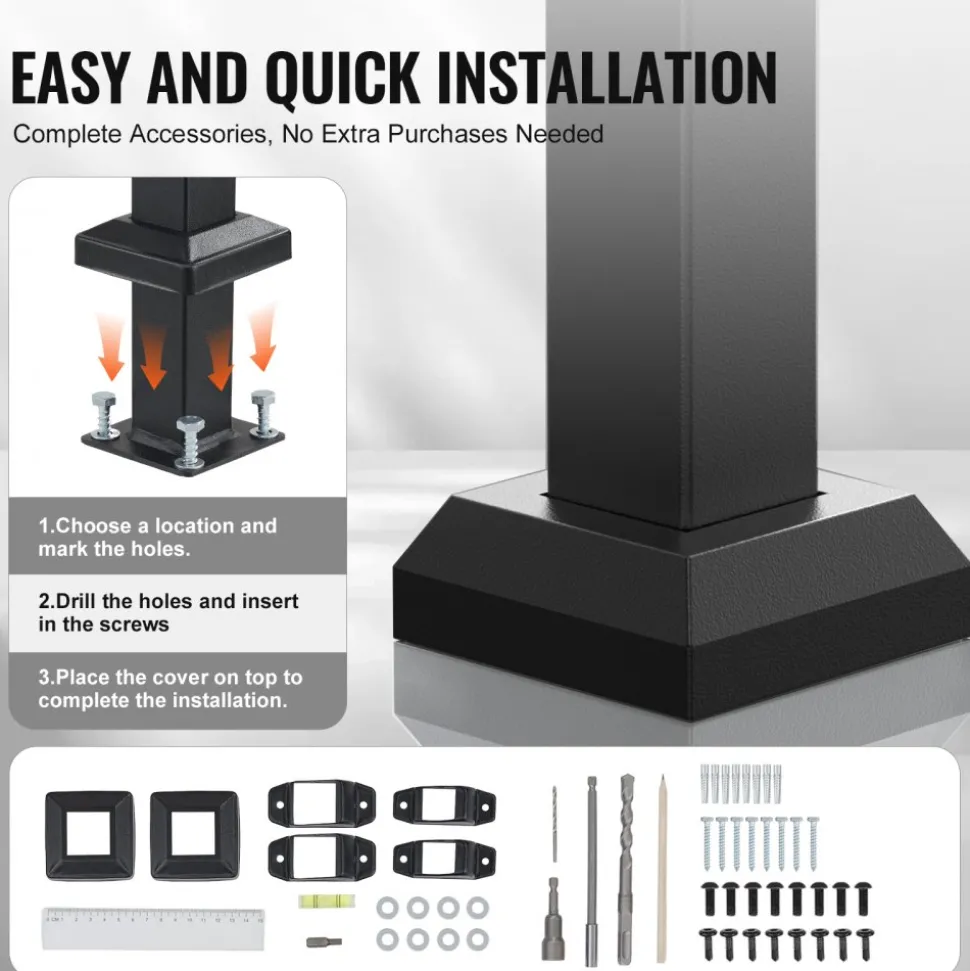 VEVOR Handrails for Outdoor Steps, 4-5 Step Stair Hand Rail Kit, Transitional Carbon Steel Railings with Installation Kit, Stair Rails for Seniors, Concrete Steps & Porch & Deck, Black Square Tube