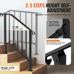 VEVOR Handrails for Outdoor Steps, 2-3 Step Stair Hand Rail Kit, Transitional Carbon Steel Railings with Installation Kit, Stair Rails for Seniors, Concrete Steps & Porch & Deck, Black Retro Arch