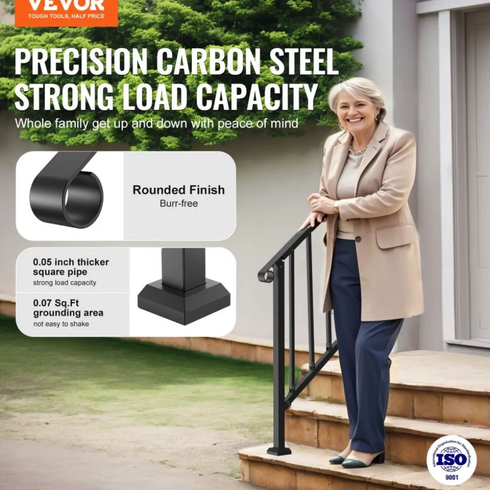 VEVOR Handrails for Outdoor Steps, 2-3 Step Stair Hand Rail Kit, Transitional Carbon Steel Railings with Installation Kit, Stair Rails for Seniors, Concrete Steps & Porch & Deck, Black Retro Arch
