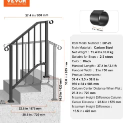 VEVOR Handrails for Outdoor Steps, 2-3 Step Stair Hand Rail Kit, Transitional Carbon Steel Railings with Installation Kit, Stair Rails for Seniors, Concrete Steps & Porch & Deck, Black Retro Arch