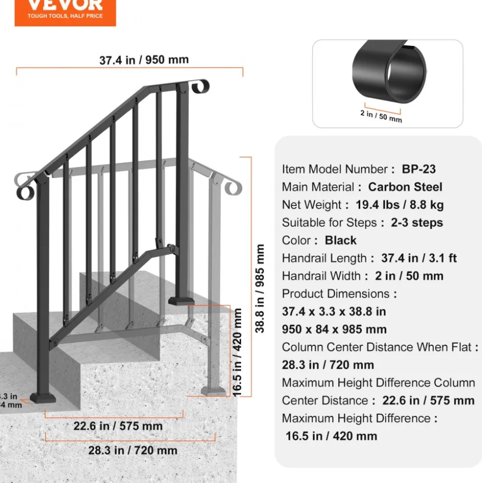 VEVOR Handrails for Outdoor Steps, 2-3 Step Stair Hand Rail Kit, Transitional Carbon Steel Railings with Installation Kit, Stair Rails for Seniors, Concrete Steps & Porch & Deck, Black Retro Arch