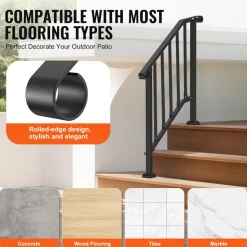 VEVOR Handrails for Outdoor Steps, 2-3 Step Stair Hand Rail Kit, Transitional Carbon Steel Railings with Installation Kit, Stair Rails for Seniors, Concrete Steps & Porch & Deck, Black Retro Arch