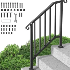 VEVOR Handrails for Outdoor Steps, 2-3 Step Stair Hand Rail Kit, Transitional Carbon Steel Railings with Installation Kit, Stair Rails for Seniors, Concrete Steps & Porch & Deck, Black Retro Arch