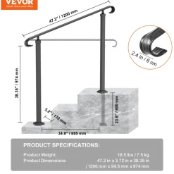 VEVOR Handrails for Outdoor Steps, Fit 1-3 Steps Wrought Iron Handrail, Outdoor Stair Railing, Adjustable Front Porch Hand Rail, Black Transitional Hand railings for Concrete Steps or Wooden Stairs
