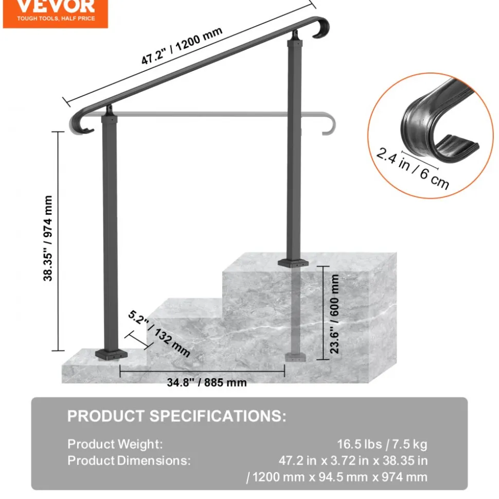 VEVOR Handrails for Outdoor Steps, Fit 1-3 Steps Wrought Iron Handrail, Outdoor Stair Railing, Adjustable Front Porch Hand Rail, Black Transitional Hand railings for Concrete Steps or Wooden Stairs