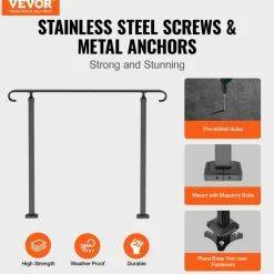 VEVOR Handrails for Outdoor Steps, Fit 1-3 Steps Wrought Iron Handrail, Outdoor Stair Railing, Adjustable Front Porch Hand Rail, Black Transitional Hand railings for Concrete Steps or Wooden Stairs
