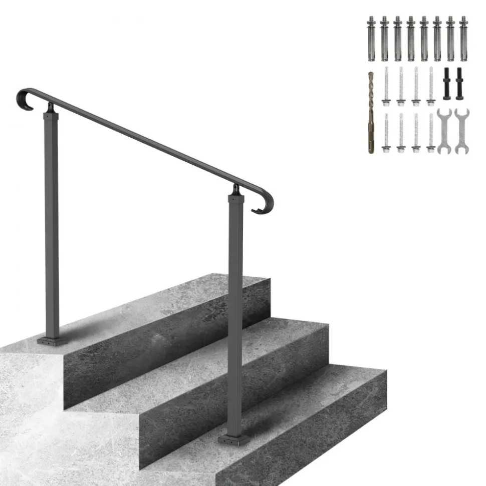 VEVOR Handrails for Outdoor Steps, Fit 1-3 Steps Wrought Iron Handrail, Outdoor Stair Railing, Adjustable Front Porch Hand Rail, Black Transitional Hand railings for Concrete Steps or Wooden Stairs