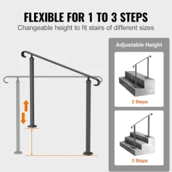 VEVOR Handrails for Outdoor Steps, Fit 1-3 Steps Wrought Iron Handrail, Outdoor Stair Railing, Adjustable Front Porch Hand Rail, Black Transitional Hand railings for Concrete Steps or Wooden Stairs