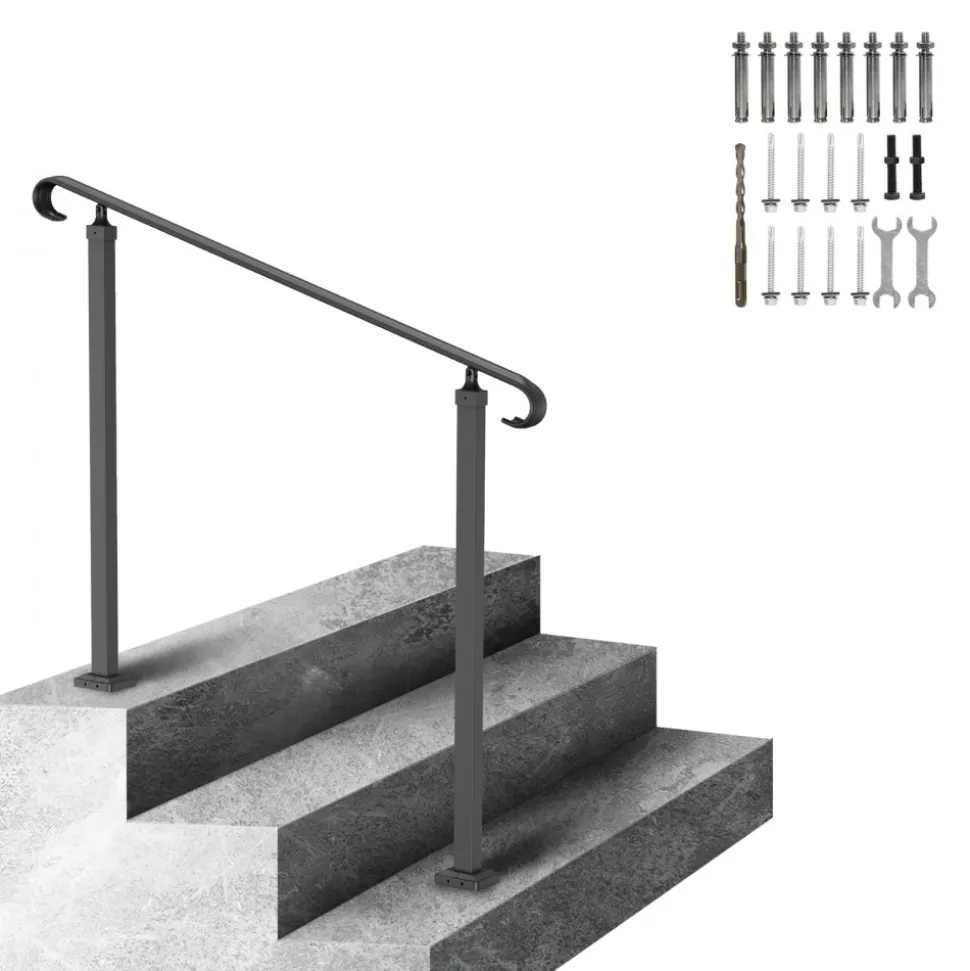 VEVOR Handrails for Outdoor Steps, Fit 1-3 Steps Wrought Iron Handrail, Outdoor Stair Railing, Adjustable Front Porch Hand Rail, Black Transitional Hand railings for Concrete Steps or Wooden Stairs
