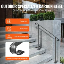 VEVOR Handrails for Outdoor Steps, Fit 1-3 Steps Wrought Iron Handrail, Outdoor Stair Railing, Adjustable Front Porch Hand Rail, Black Transitional Hand railings for Concrete Steps or Wooden Stairs