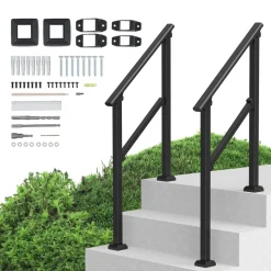 VEVOR Handrails for Outdoor Steps, 2 PCS 2-3 Step Stair Hand Rail Kit, Transitional Carbon Steel Railings with Installation Kit, Stair Rails for Seniors, Concrete & Porch & Deck, Black Square Tube
