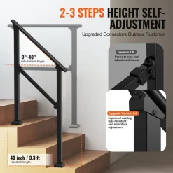 VEVOR Handrails for Outdoor Steps, 2 PCS 2-3 Step Stair Hand Rail Kit, Transitional Carbon Steel Railings with Installation Kit, Stair Rails for Seniors, Concrete & Porch & Deck, Black Square Tube