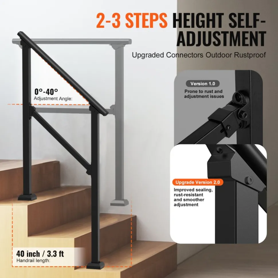 VEVOR Handrails for Outdoor Steps, 2 PCS 2-3 Step Stair Hand Rail Kit, Transitional Carbon Steel Railings with Installation Kit, Stair Rails for Seniors, Concrete & Porch & Deck, Black Square Tube