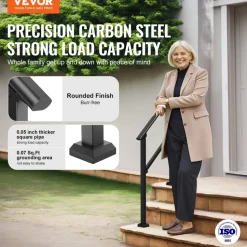 VEVOR Handrails for Outdoor Steps, 2 PCS 2-3 Step Stair Hand Rail Kit, Transitional Carbon Steel Railings with Installation Kit, Stair Rails for Seniors, Concrete & Porch & Deck, Black Square Tube