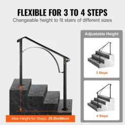 VEVOR Handrails for Outdoor Steps, Fit 3 or 4 Steps Outdoor Stair Railing, Arch#3 Wrought Iron Handrail, Flexible Porch Railing, Black Transitional Handrails for Concrete Steps or Wooden Stairs
