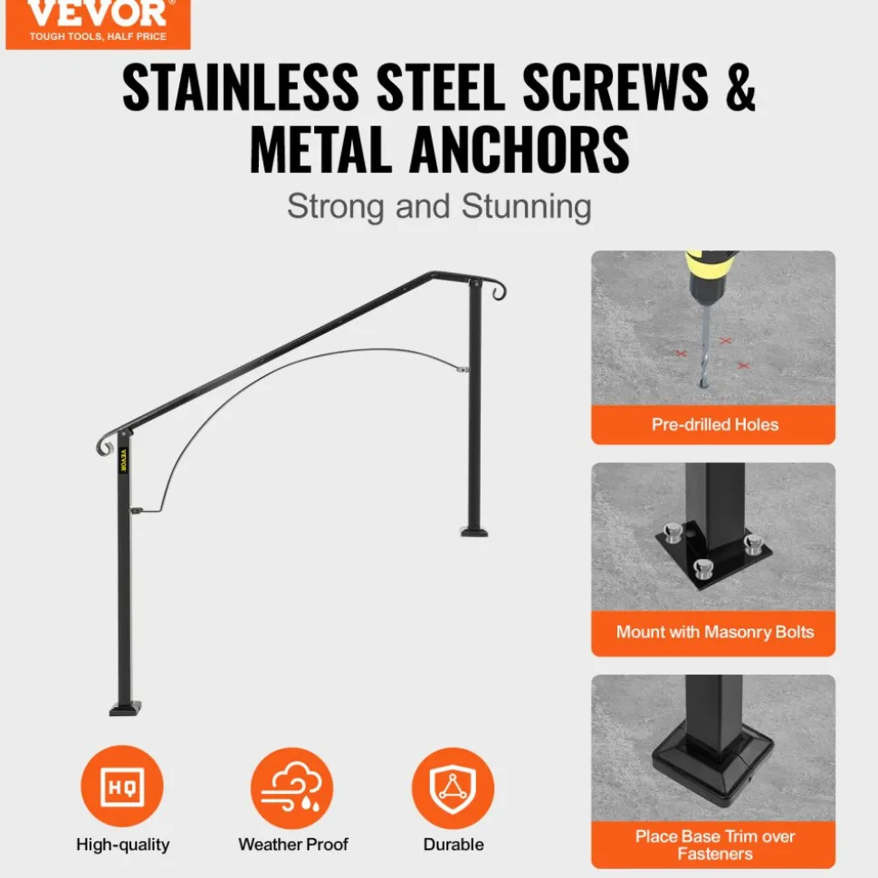 VEVOR Handrails for Outdoor Steps, Fit 3 or 4 Steps Outdoor Stair Railing, Arch#3 Wrought Iron Handrail, Flexible Porch Railing, Black Transitional Handrails for Concrete Steps or Wooden Stairs