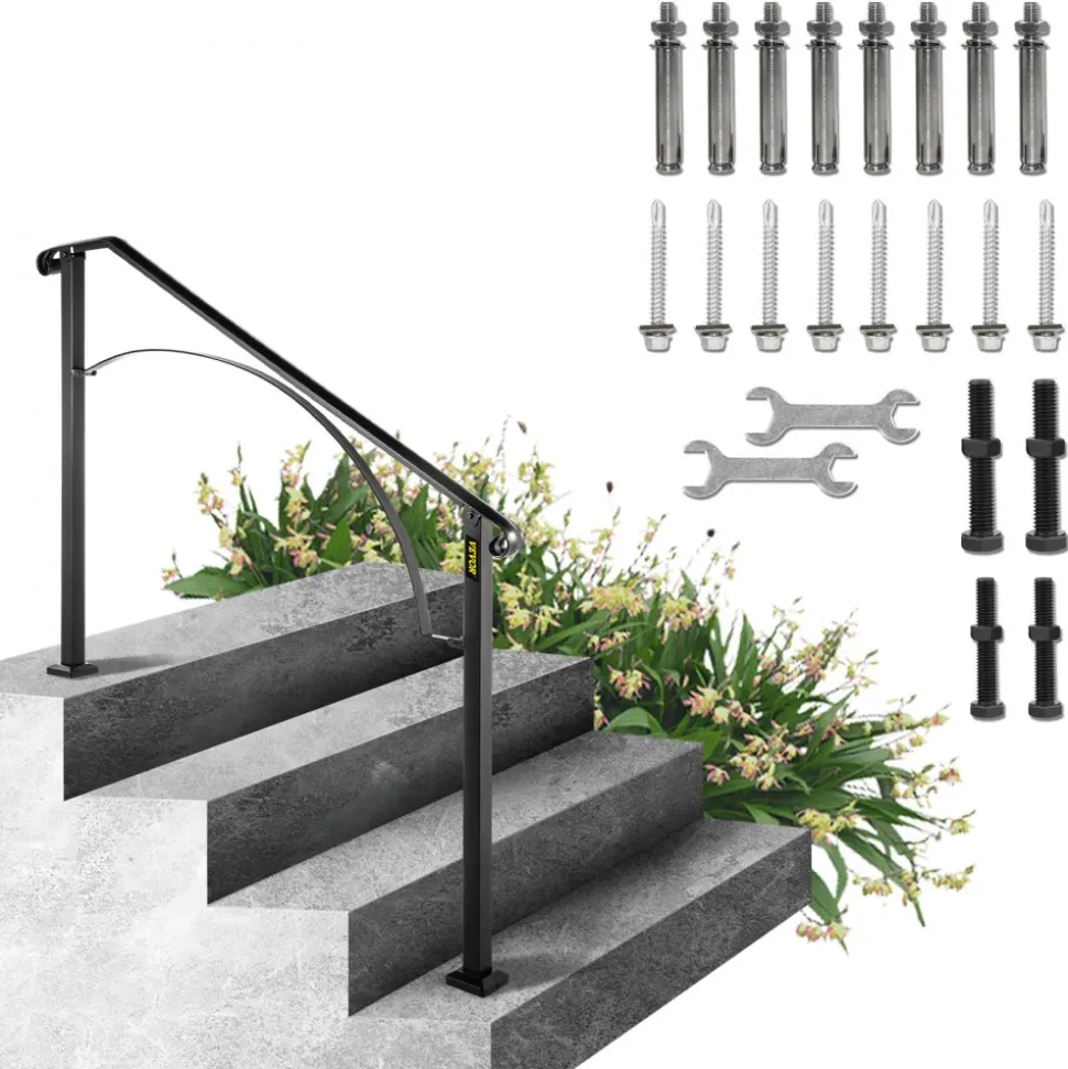 VEVOR Handrails for Outdoor Steps, Fit 3 or 4 Steps Outdoor Stair Railing, Arch#3 Wrought Iron Handrail, Flexible Porch Railing, Black Transitional Handrails for Concrete Steps or Wooden Stairs