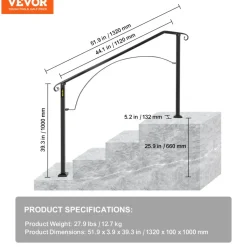 VEVOR Handrails for Outdoor Steps, Fit 3 or 4 Steps Outdoor Stair Railing, Arch#3 Wrought Iron Handrail, Flexible Porch Railing, Black Transitional Handrails for Concrete Steps or Wooden Stairs