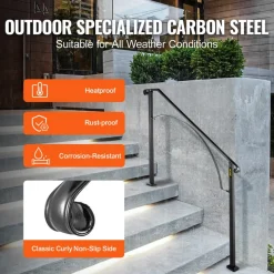 VEVOR Handrails for Outdoor Steps, Fit 3 or 4 Steps Outdoor Stair Railing, Arch#3 Wrought Iron Handrail, Flexible Porch Railing, Black Transitional Handrails for Concrete Steps or Wooden Stairs
