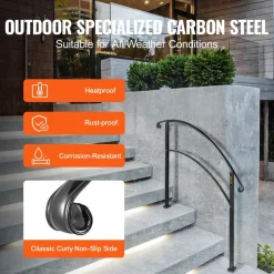 VEVOR Handrails for Outdoor Steps, Fit 1 or 3 Steps Outdoor Stair Railing, Black Wrought Iron Handrail, Flexible Front Porch Hand Rail, Transitional Handrails for Concrete Steps or Wooden Stairs
