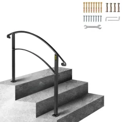 VEVOR Handrails for Outdoor Steps, Fit 1 or 3 Steps Outdoor Stair Railing, Black Wrought Iron Handrail, Flexible Front Porch Hand Rail, Transitional Handrails for Concrete Steps or Wooden Stairs