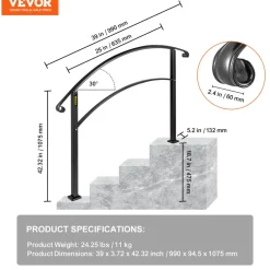 VEVOR Handrails for Outdoor Steps, Fit 1 or 3 Steps Outdoor Stair Railing, Black Wrought Iron Handrail, Flexible Front Porch Hand Rail, Transitional Handrails for Concrete Steps or Wooden Stairs