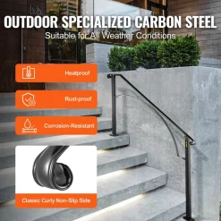 VEVOR Handrails for Outdoor Steps, Fit 4 or 5 Steps Outdoor Stair Railing, Arch#4 Wrought Iron Handrail, Flexible Porch Railing, Black Transitional Handrails for Concrete Steps or Wooden Stairs