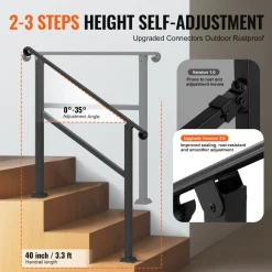 VEVOR Handrails for Outdoor Steps, 2-3 Step Stair Hand Rail & Indoor Railing Kit, Railings for Outside Steps with Installation Kit, Hand Rails for Seniors,Porch Railing & Deck Hand Rail, Black
