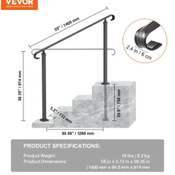 VEVOR Handrails for Outdoor Steps, Fit 3-5 Steps Outdoor Stair Railing, Wrought Iron Handrail, Flexible Front Porch Hand Rail, Black Transitional Hand railings for Concrete Steps or Wooden Stairs