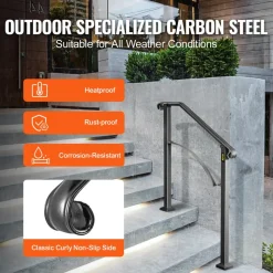 VEVOR Handrails for Outdoor Steps, Fit 2 or 3 Steps Outdoor Stair Railing, Arch#2 Wrought Iron Handrail, Flexible Porch Railing, Black Transitional Handrails for Concrete Steps or Wooden Stairs