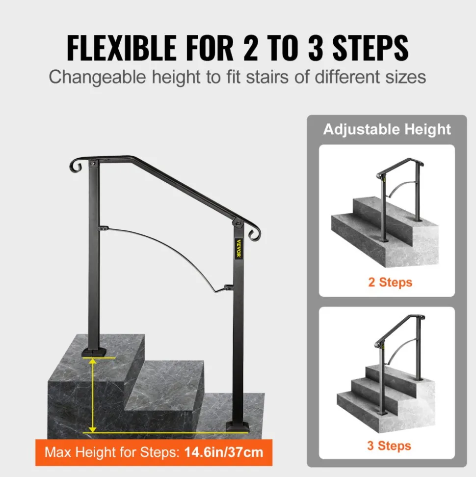 VEVOR Handrails for Outdoor Steps, Fit 2 or 3 Steps Outdoor Stair Railing, Arch#2 Wrought Iron Handrail, Flexible Porch Railing, Black Transitional Handrails for Concrete Steps or Wooden Stairs